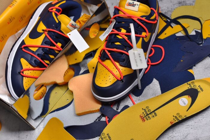 NK Dunk Low Off-White University Gold Midnight Navy CT0856-700 crossreps