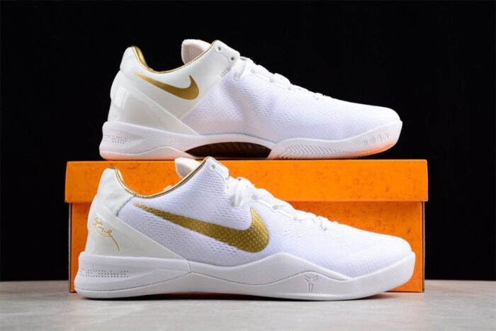 Nike Kobe 8 Protro White Me Tallic Gold Basketball Shoes crossreps