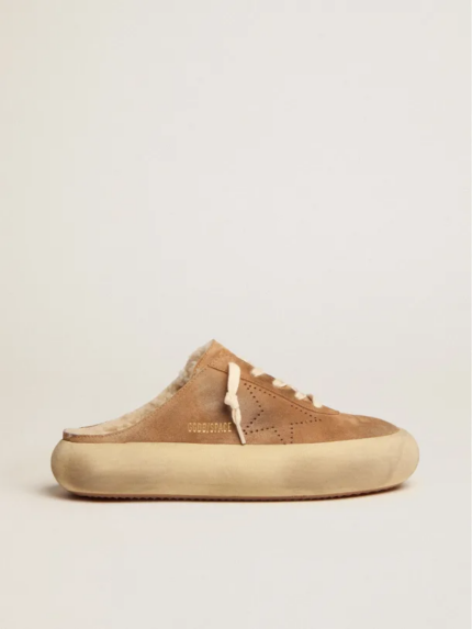 Space-Star Sabot shoes in tobacco-colored suede with shearling lining crossreps