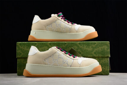 Gucci Beige Suede Sneakers with Embroidered Monogram and Colorful Laces crossreps