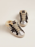 Super-Star Sabot in silver laminated leather with black star crossrepsa