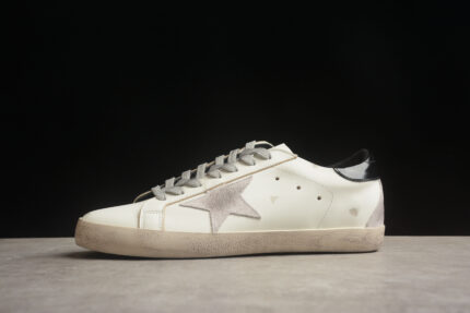 Golden Goose Distressed White Leather Sneakers with Black Heel Tab crossreps