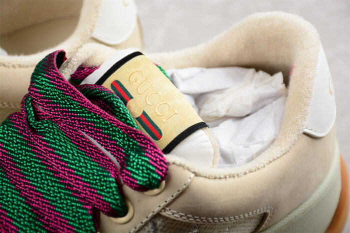 Gucci Beige Suede Sneakers with Embroidered Monogram and Colorful Laces crossreps