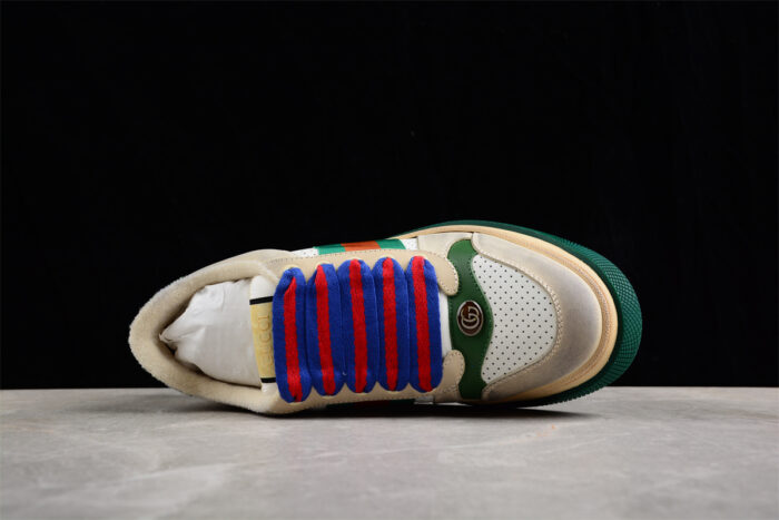 Gucci Beige Leather Sneakers with Green and Orange Stripe and Blue Laces crossreps