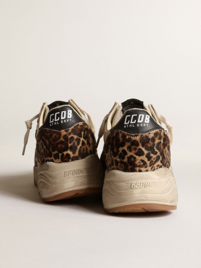 Running Sole sneakers in cream-colored mesh with leopard-print pony skin inserts and black leather s crossreps