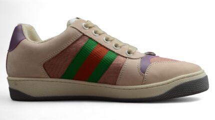 Gucci Screener Leather and Suede Sneaker with Web Stripe crossreps