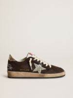 Sneaker Ball Star in suede marrone con stella in glitter platino e linguetta in nylon bianco crossreps