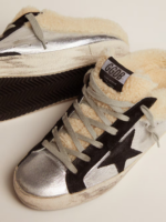 Super-Star Sabot in silver laminated leather with black star crossrepsa