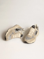 Running Sole sneakers in silver glitter and dove-gray suede with black leather star crossreps