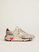 Running Sole sneakers in nylon and silver glitter with leopard-print pony skin heel tab crossreps