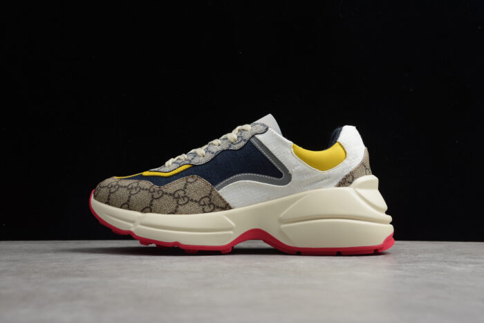 Gucci Rhyton Mixed-Material Sneaker with GG Canvas and Yellow Accents crossreps