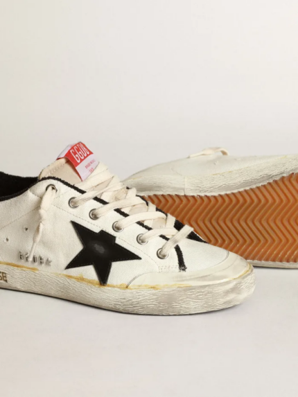 Super-Star LTD sneakers in beige canvas with black leather star and white leather heel tab crossreps