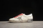 Golden Goose Distressed White Leather Sneakers with Red Laces and Silver Heel Tab crossreps