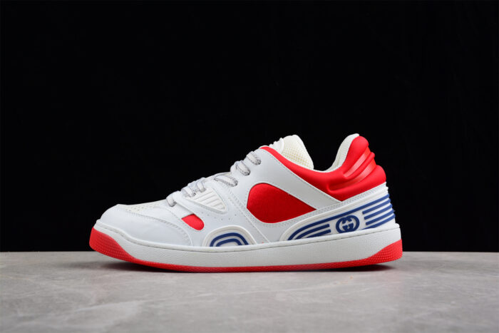 Gucci Red and White Leather Sneakers with Blue Logo Accents crossreps