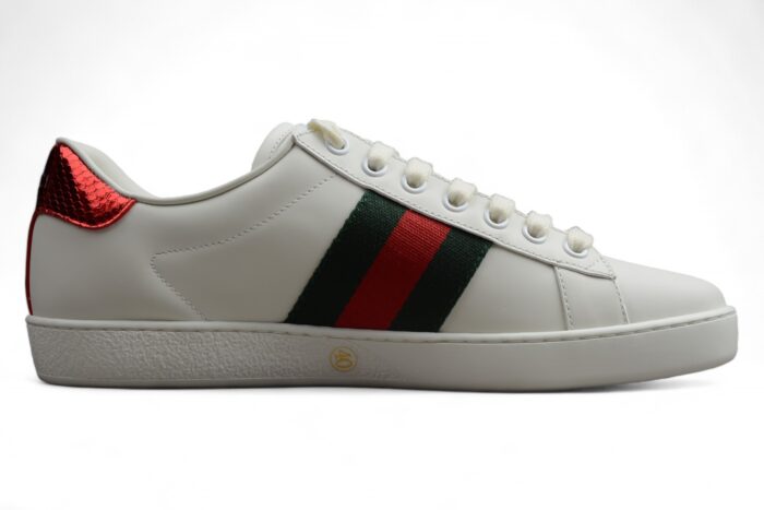 Gucci Ace Leather Sneaker with Red Metallic Heel Tab and Green and Red Web crossreps