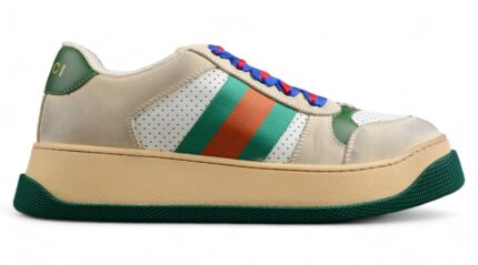 Gucci Beige Leather Sneakers with Green and Orange Stripe and Blue Laces crossreps