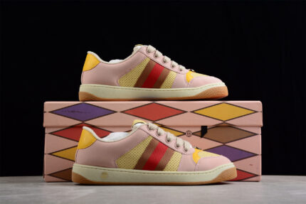 Gucci Pink and Yellow Suede Sneakers with Signature Web Stripe crossreps