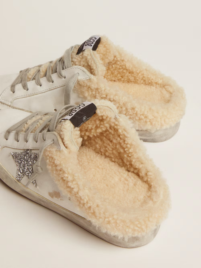 Super-Star Sabot in white leather and shearling lining crossreps