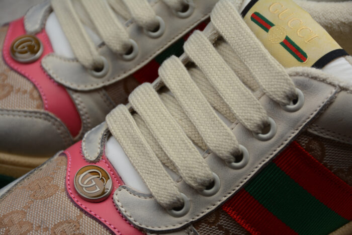 Gucci Screener Leather and Suede Sneaker with Web Stripe and Pink crossreps