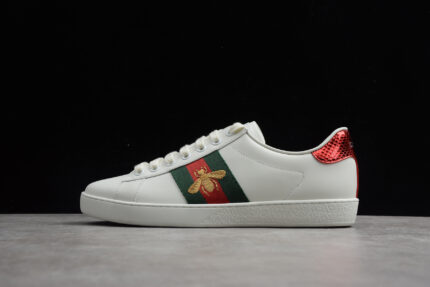 Gucci Ace Leather Sneaker with Red Metallic Heel Tab and Green and Red Web crossreps