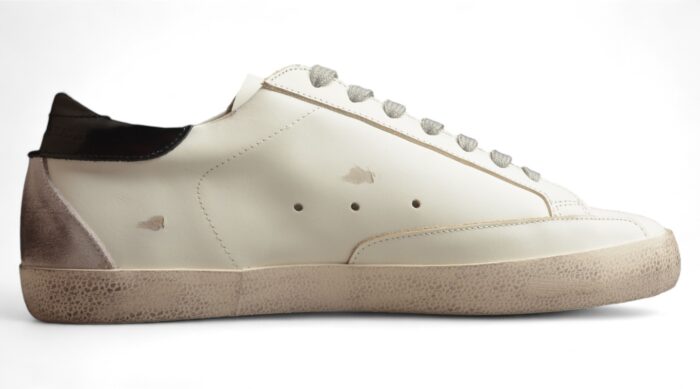 Golden Goose Distressed White Leather Sneakers with Black Heel Tab crossreps