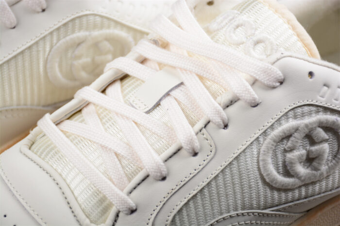 Gucci White Leather Sneakers with Embossed GG Logo and Gum Sole crossreps