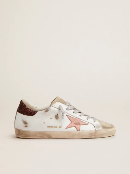 Super-Star sneakers with brown glitter heel tab and pink crackled leather star crossreps