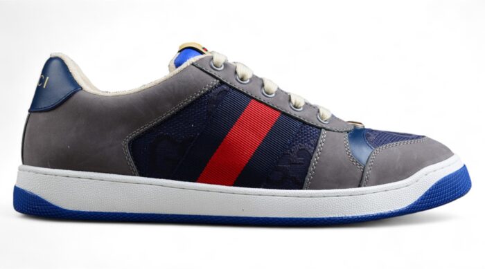 Gucci Grey and Blue Suede Sneakers with Signature Web Stripe crossreps