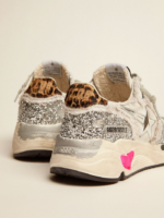 Running Sole sneakers in nylon and silver glitter with leopard-print pony skin heel tab crossreps