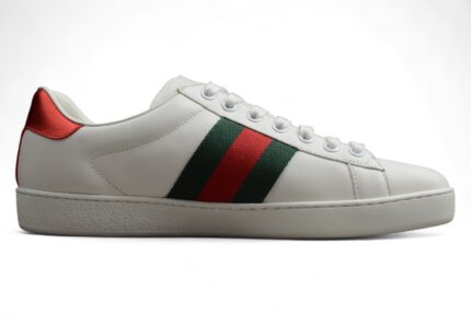 Gucci Ace Leather Sneaker with Red Metallic Heel Tab and Green and Red Web