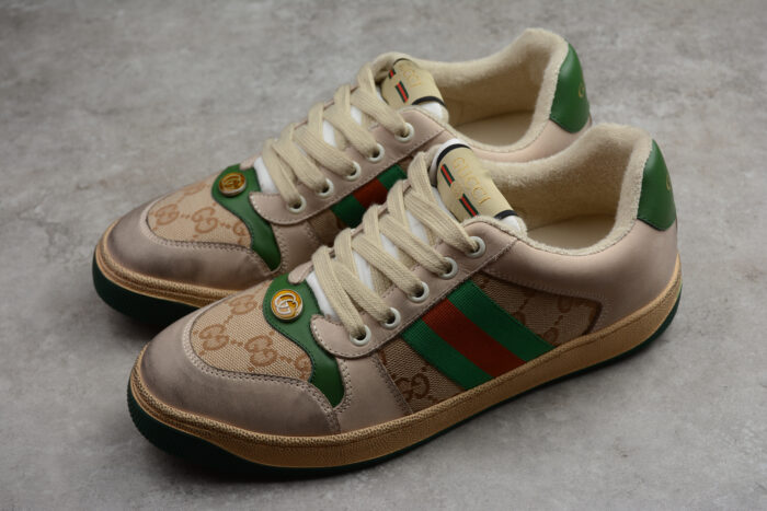 Gucci Screener Leather and Suede Sneaker with Green Heel Tab and Web Stripe crossreps