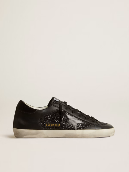 Super-Star in black nappa and glitter with glossy black leather star crossreps