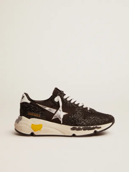 Running Sole sneakers in black nylon and glitter with silver laminated leather star crossreps