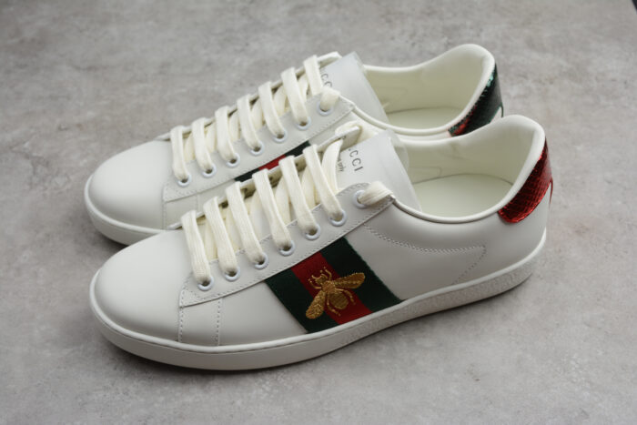 Gucci Ace Leather Sneaker with Red Metallic Heel Tab and Green and Red Web crossreps