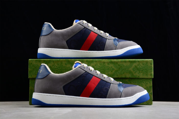 Gucci Grey and Blue Suede Sneakers with Signature Web Stripe crossreps