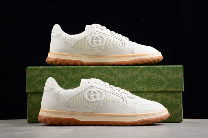 Gucci White Leather Sneakers with Embossed GG Logo and Gum Sole crossreps