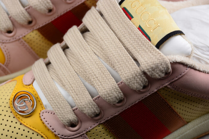 Gucci Pink and Yellow Suede Sneakers with Signature Web Stripe crossreps