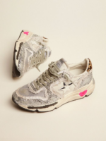 Running Sole sneakers in nylon and silver glitter with leopard-print pony skin heel tab crossreps