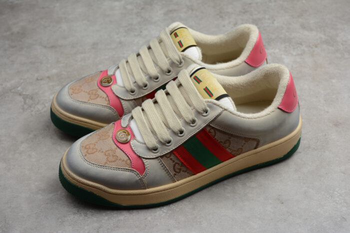 Gucci Screener Leather and Suede Sneaker with Web Stripe and Pink crossreps