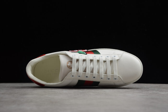 Gucci Ace Leather Sneaker with Red Metallic Heel Tab and Green and Red Web