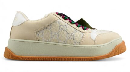 Gucci Beige Suede Sneakers with Embroidered Monogram and Colorful Laces crossreps