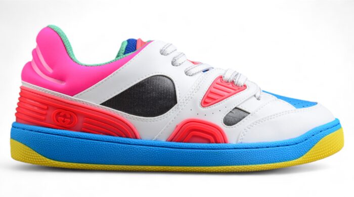 Gucci Neon Pink and Blue Leather Sneakers with Multicolor Sole crossreps