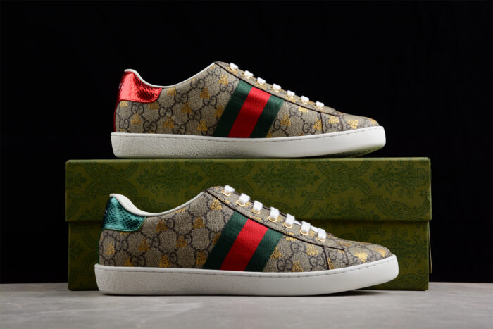 Gucci GG Supreme Canvas Sneakers with Gold Bee Print and Web Stripe crossreps