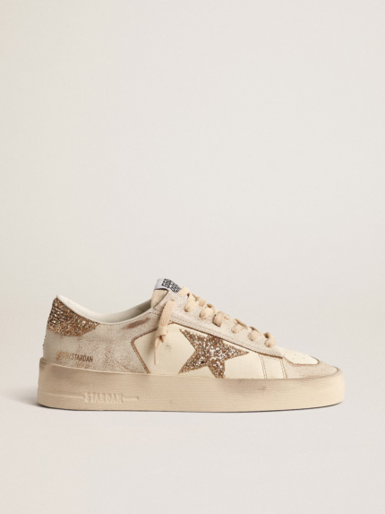 Stardan in ecru nappa leather with gold glitter star and heel tab crossreps