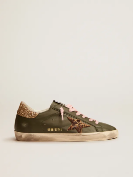 Super-Star sneakers in dark green leather with gold glitter heel tab crossreps