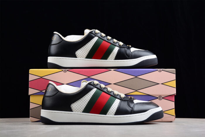 Gucci Black Leather Sneakers with Green and Red Web Stripe crossreps