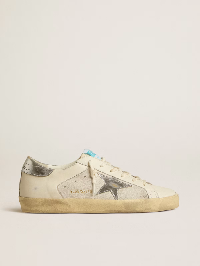 Super-Star in white leather and suede with silver and gold leather star crossreps