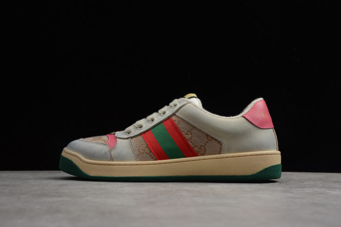 Gucci Screener Leather and Suede Sneaker with Web Stripe and Pink crossreps