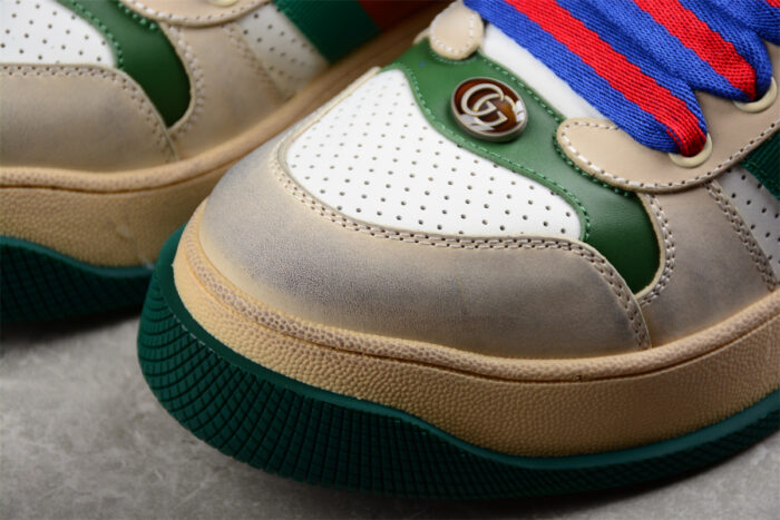 Gucci Beige Leather Sneakers with Green and Orange Stripe and Blue Laces crossreps