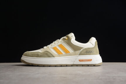 Gucci Olive Green and White Sneakers with Orange Stripes crossreps